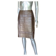 Oscar de la Renta Luxe Brown Leather Alligator Embossed Skirt SFA Size 10 
