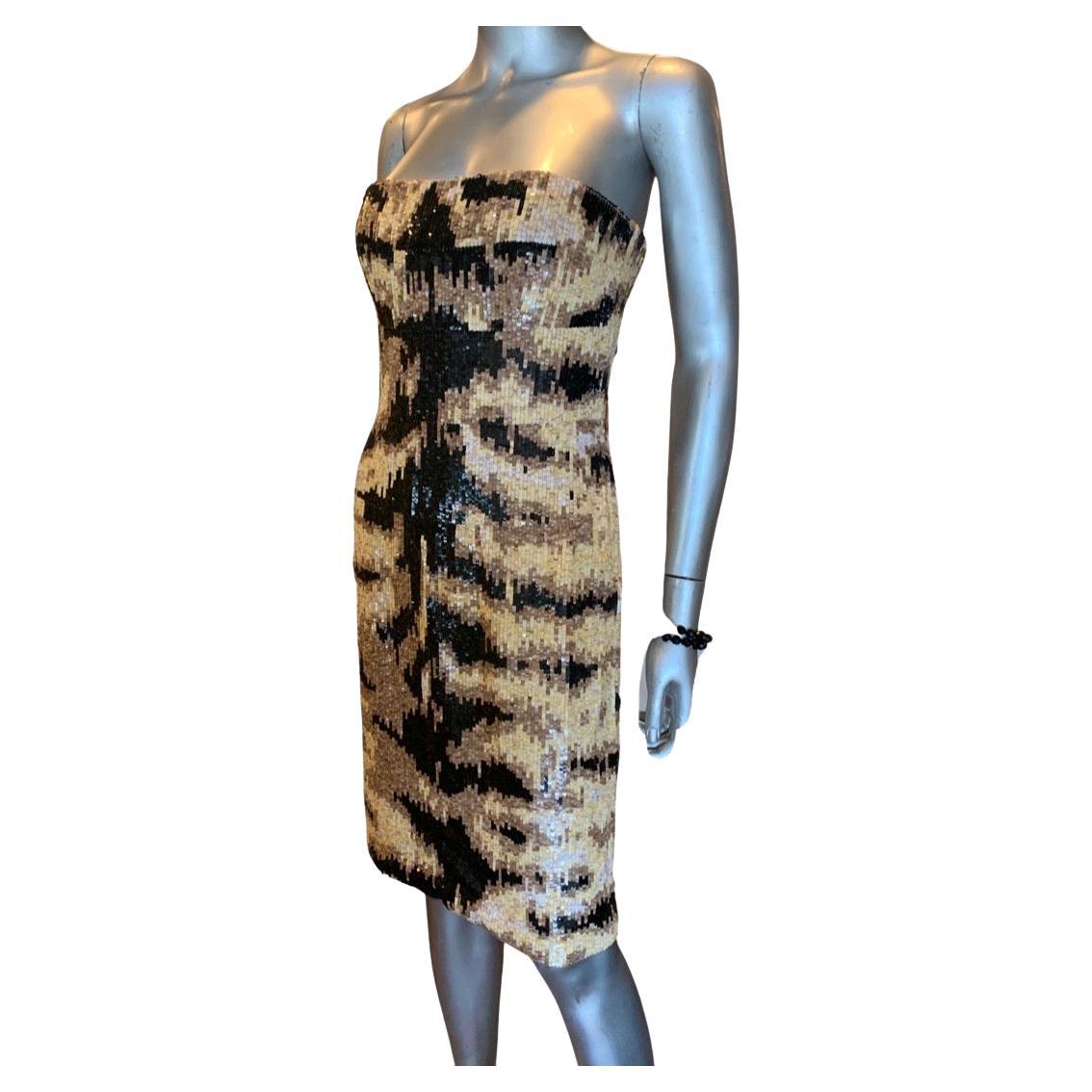 Kaufmanfranco NWT Rare Tiger Sequins Hand Beaded Sleevless Cocktail Dress Taglia 4 in vendita