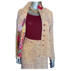 St John Collection 3 Piece Skirt Suit Knit Bouclé with Silk Print Trim Size 2