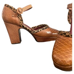 Charles Jourdan Vintage Snakeskin Leather & Leopard Print Fur Trim Shoes Size 6