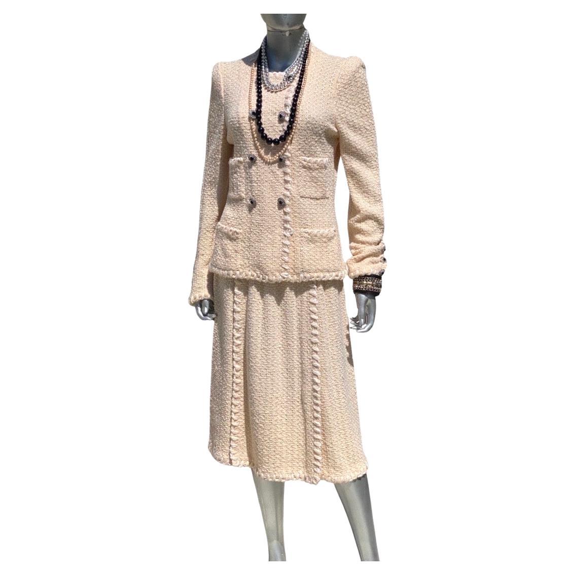Adolfo for Saks Fifth Ave Iconic Boucle Creme Suit Jewel Buttons Size 6-8  For Sale