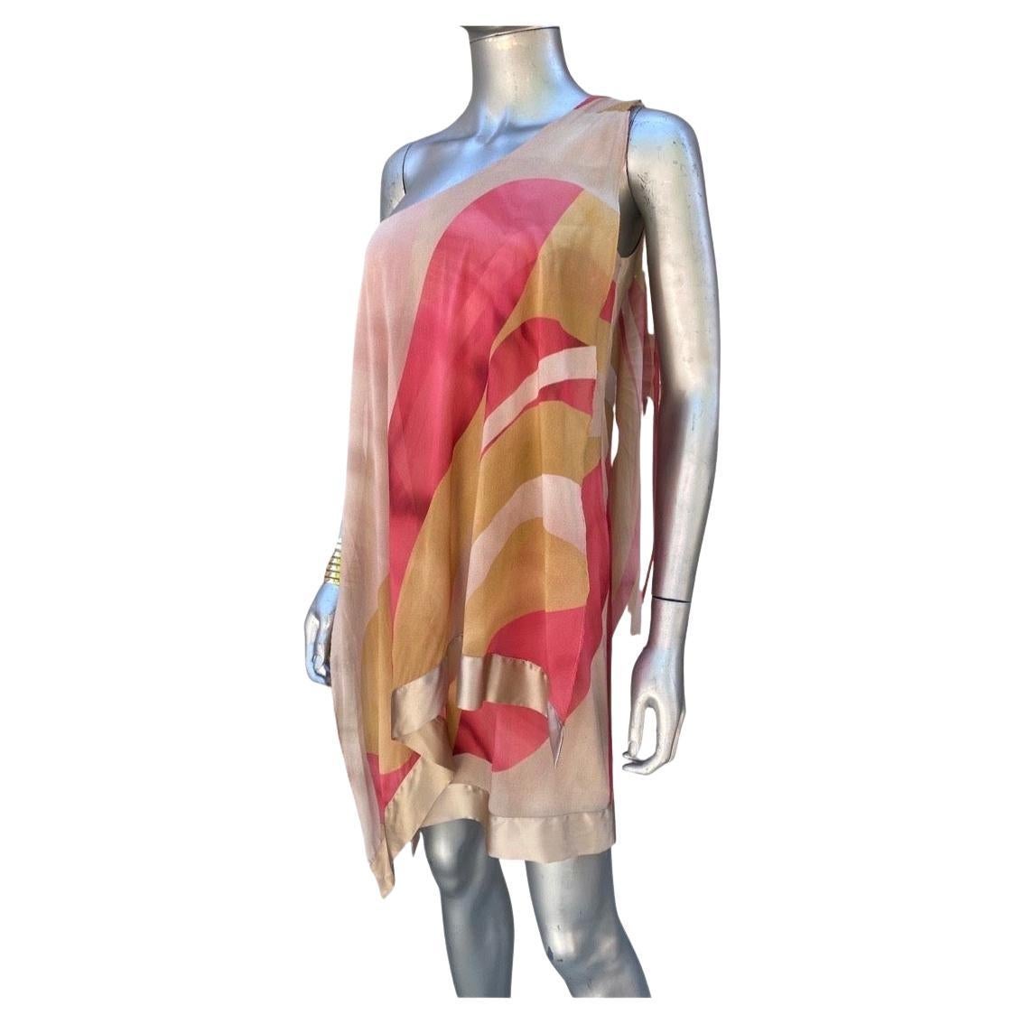 Flavio Castellani One Shoulder Asymmetrical Sexy Silk Print Dress Size 6  For Sale