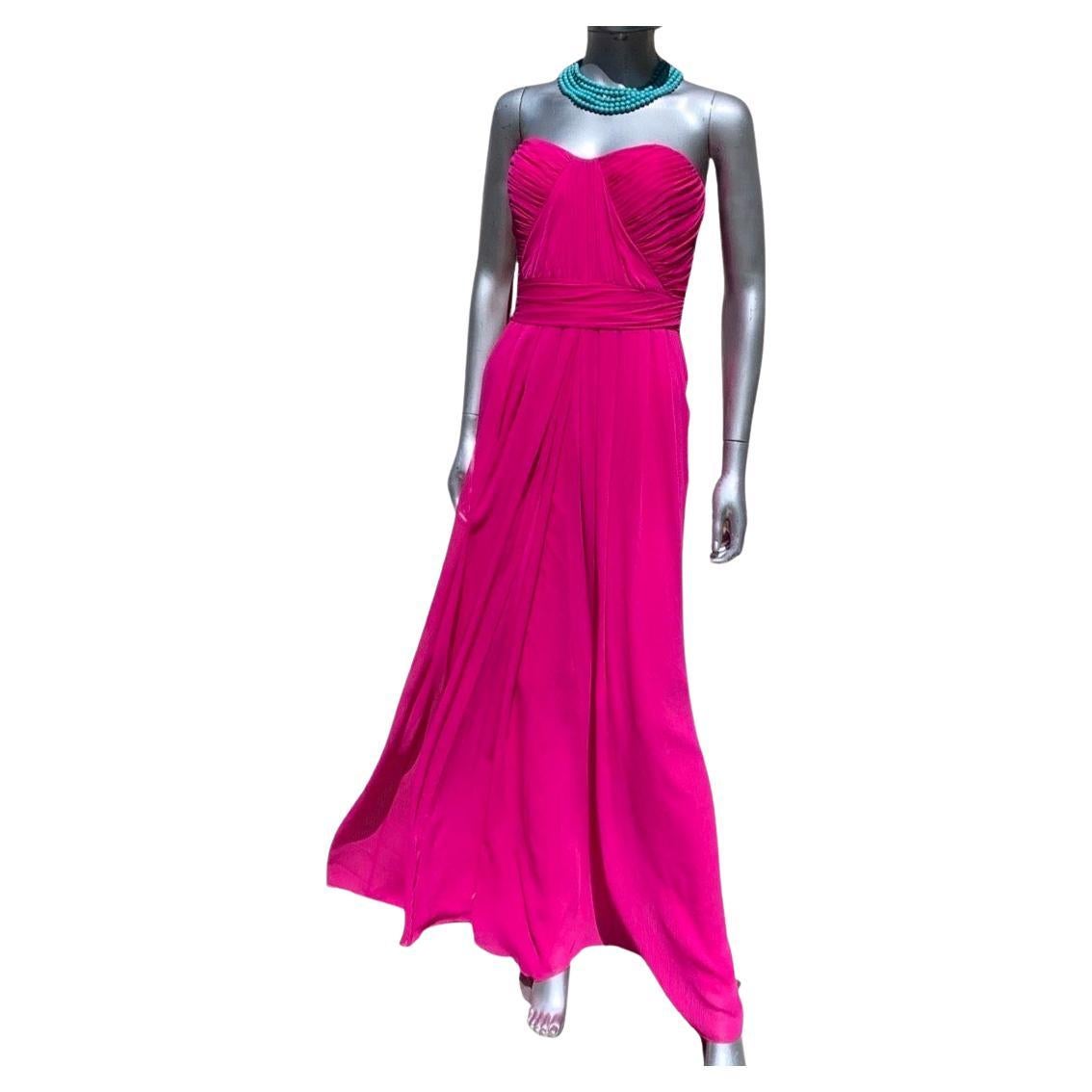 Badgley Mischka Fuchsia Bright Pink Draped Long Evening Dress Size 6 For Sale