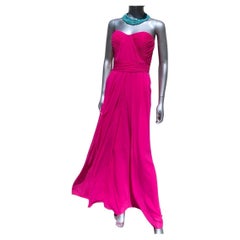 Badgley Mischka Fuchsia Bright Pink Draped Long Evening Dress Size 6