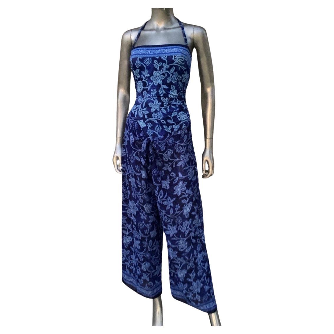 Swimsuit and Chiffon Tie Pant Cover-Up Set Indigo Floral Print Size 8/Med For Sale