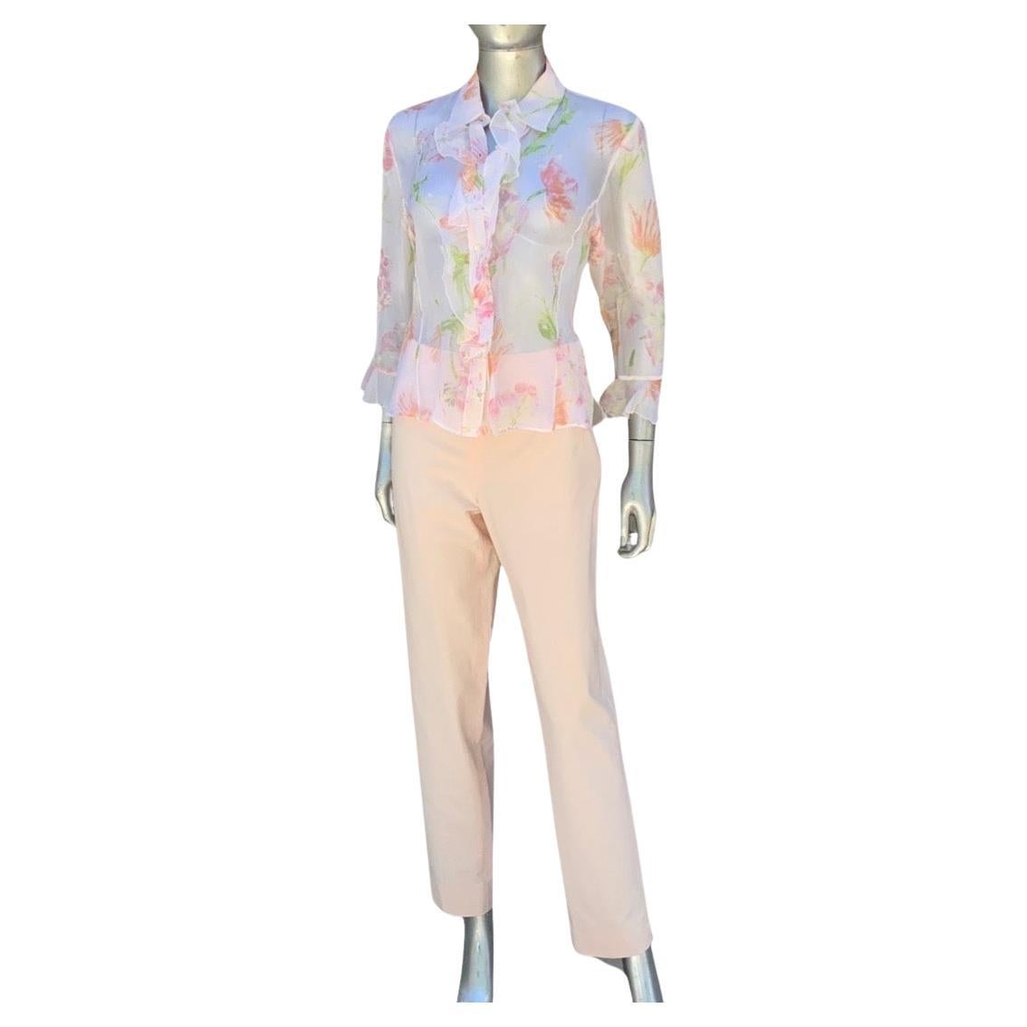 Italian Summer Sheer Silk Floral Ruffle Blouse & Matching Pant Size 8/10 For Sale