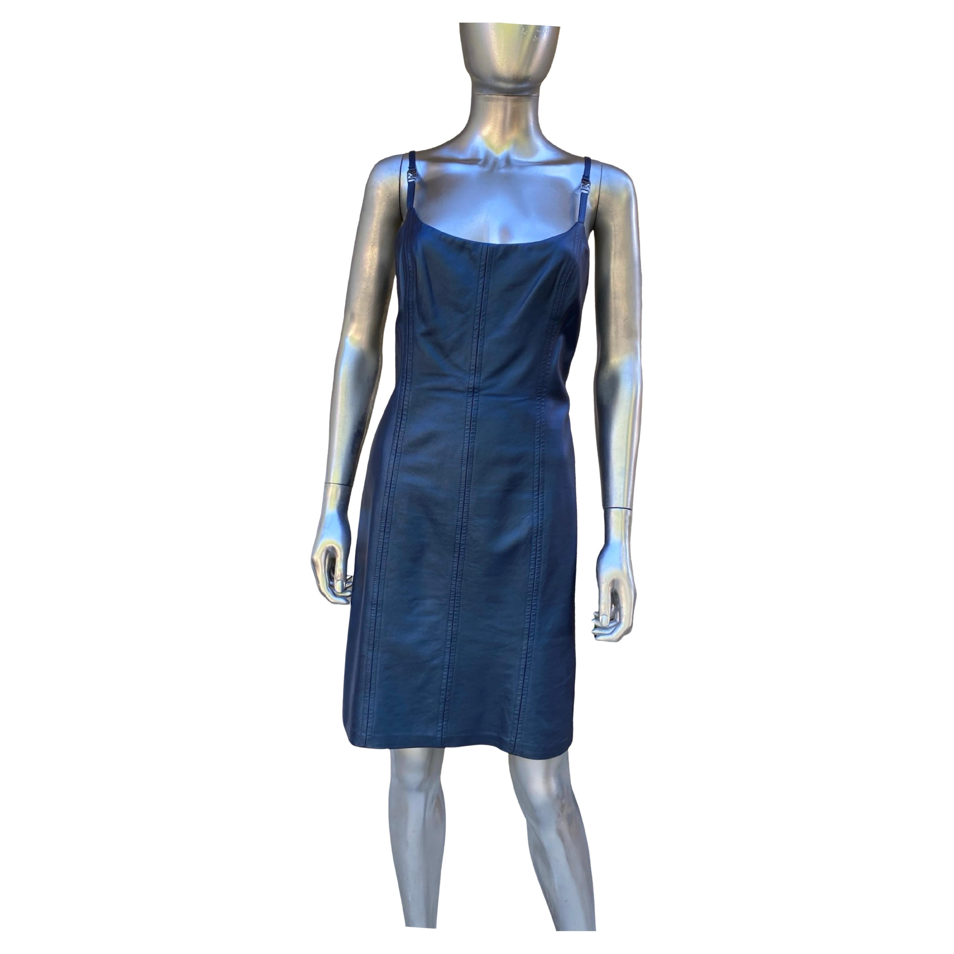 Escada Rare Blue Metallic Leather Tank Dress and Jacket Ensemble Sz 8/38 For Sale