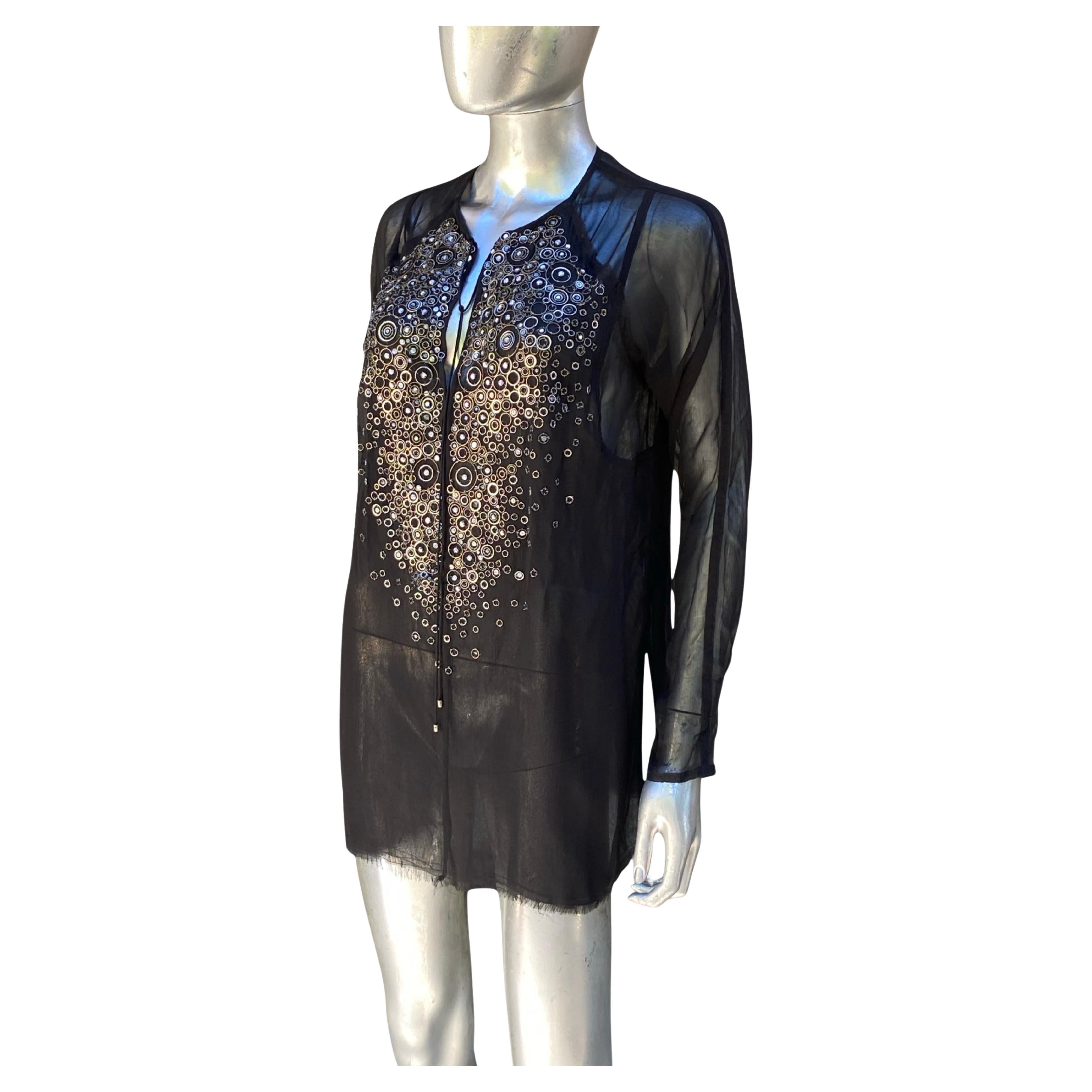 KaufmanFranco: camicetta a tunica in chiffon di seta nera con perline, taglia 6/42 in vendita