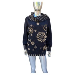 Designer Glam Gold Beaded Embellished Holiday Draped Black Sweater Size L