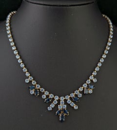 Vintage mid century blue paste choker Necklace, something blue, Gold tone