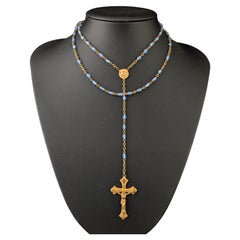 Antique blue glass rosary bead necklace, Gilt crucifix pendant