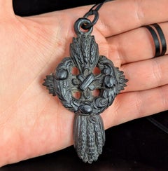 Antique Victorian Bog oak mourning cross pendant, Wheatsheaf, Large