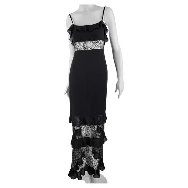 CHANEL long black dress with Chantilly camelia lace FR 36 Cruise 1995 ...