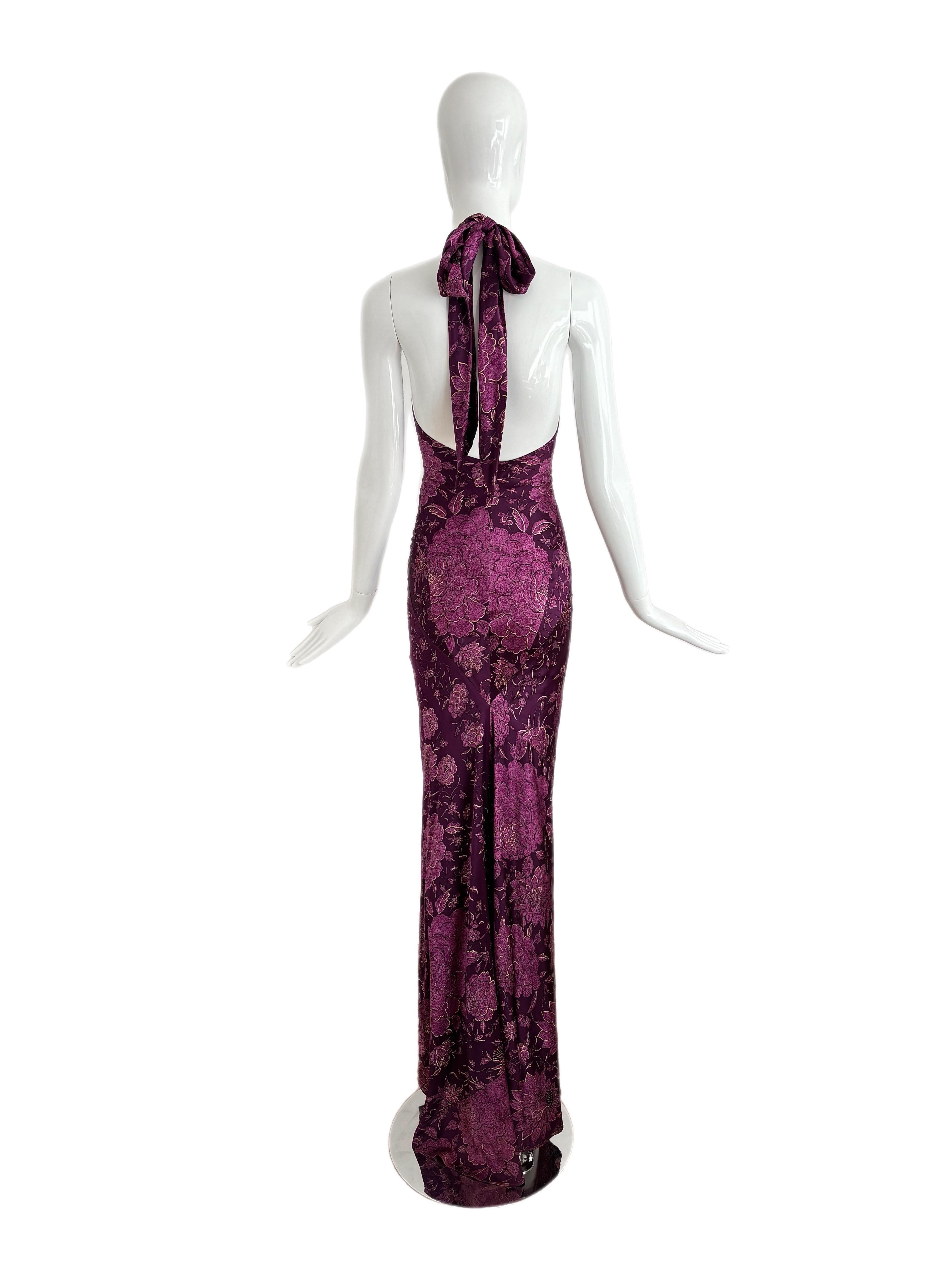 Roberto Cavalli 2004 Vestido Halter de Seda Floral Morado y Dorado Sin Espalda en Nuevo estado para la venta en Leonardo, NJ