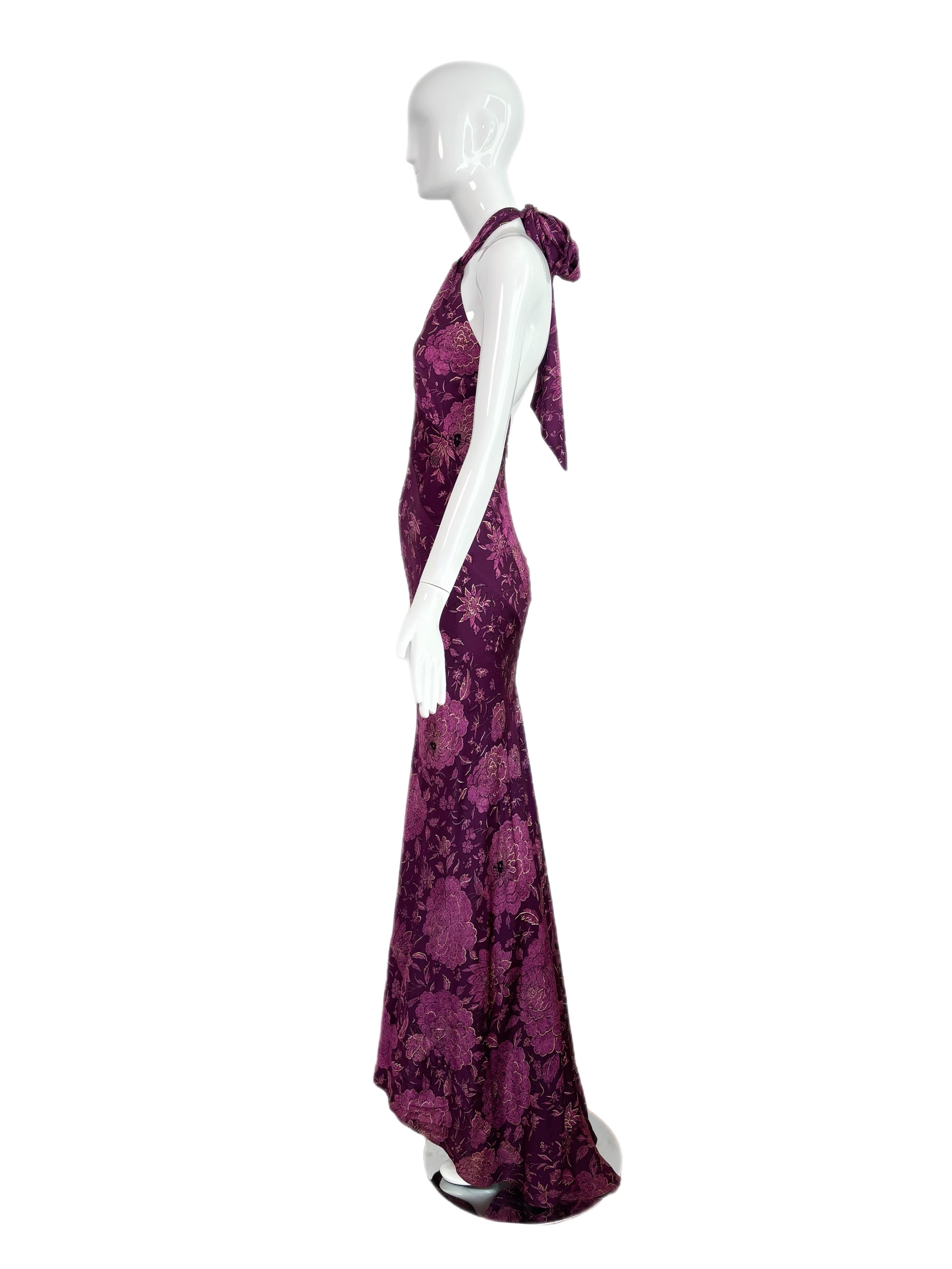 De las mujeres Roberto Cavalli 2004 Vestido Halter de Seda Floral Morado y Dorado Sin Espalda en venta