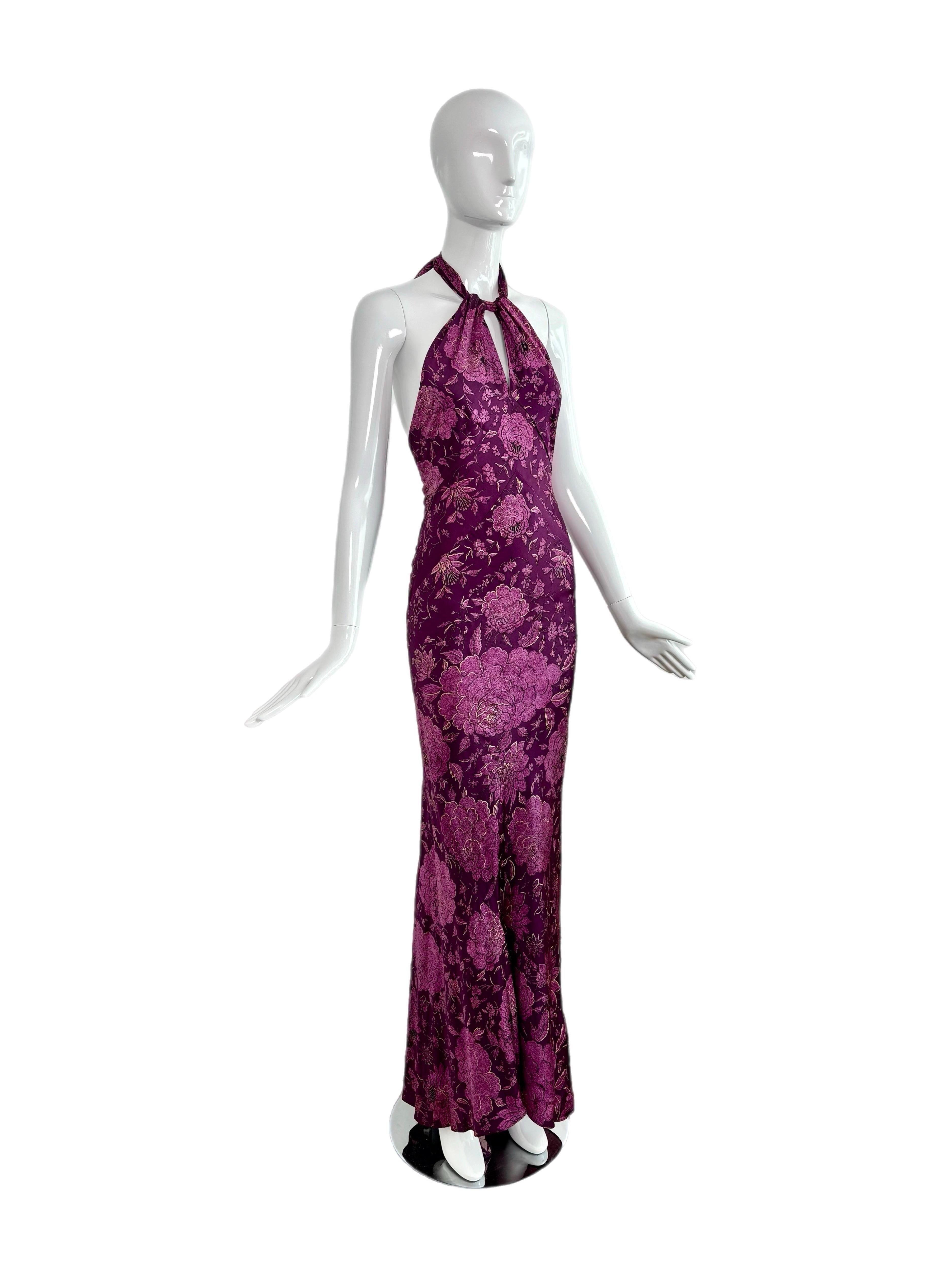 Roberto Cavalli 2004 Vestido Halter de Seda Floral Morado y Dorado Sin Espalda Negro en venta