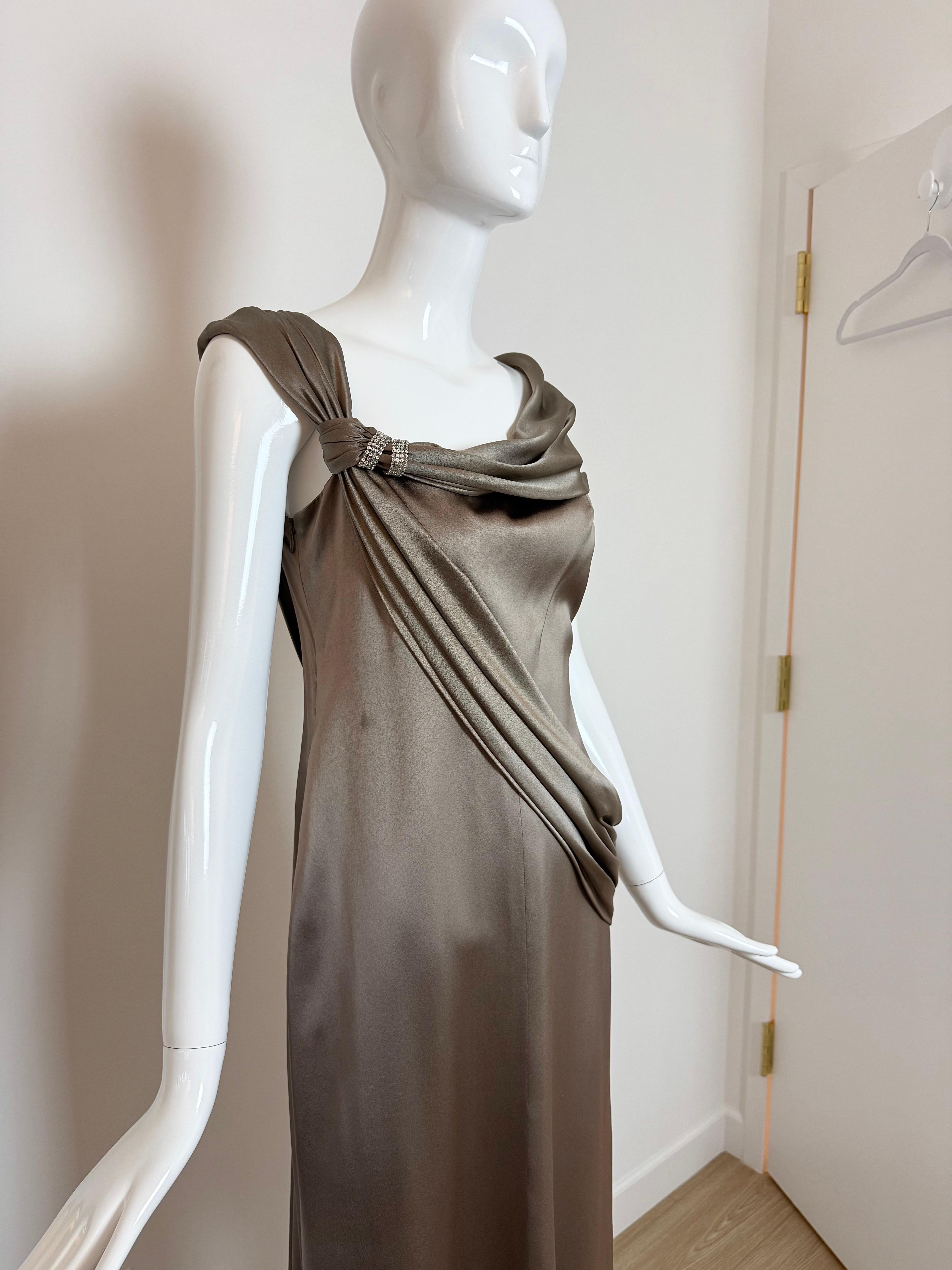 VALENTINO Vintage Silk Crystal Embellished Pewter Evening Gown Maxi Dress in vendita 7