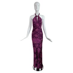 Roberto Cavalli 2004 Purple & Gold Floral Silk Halter Gown Dress Backless