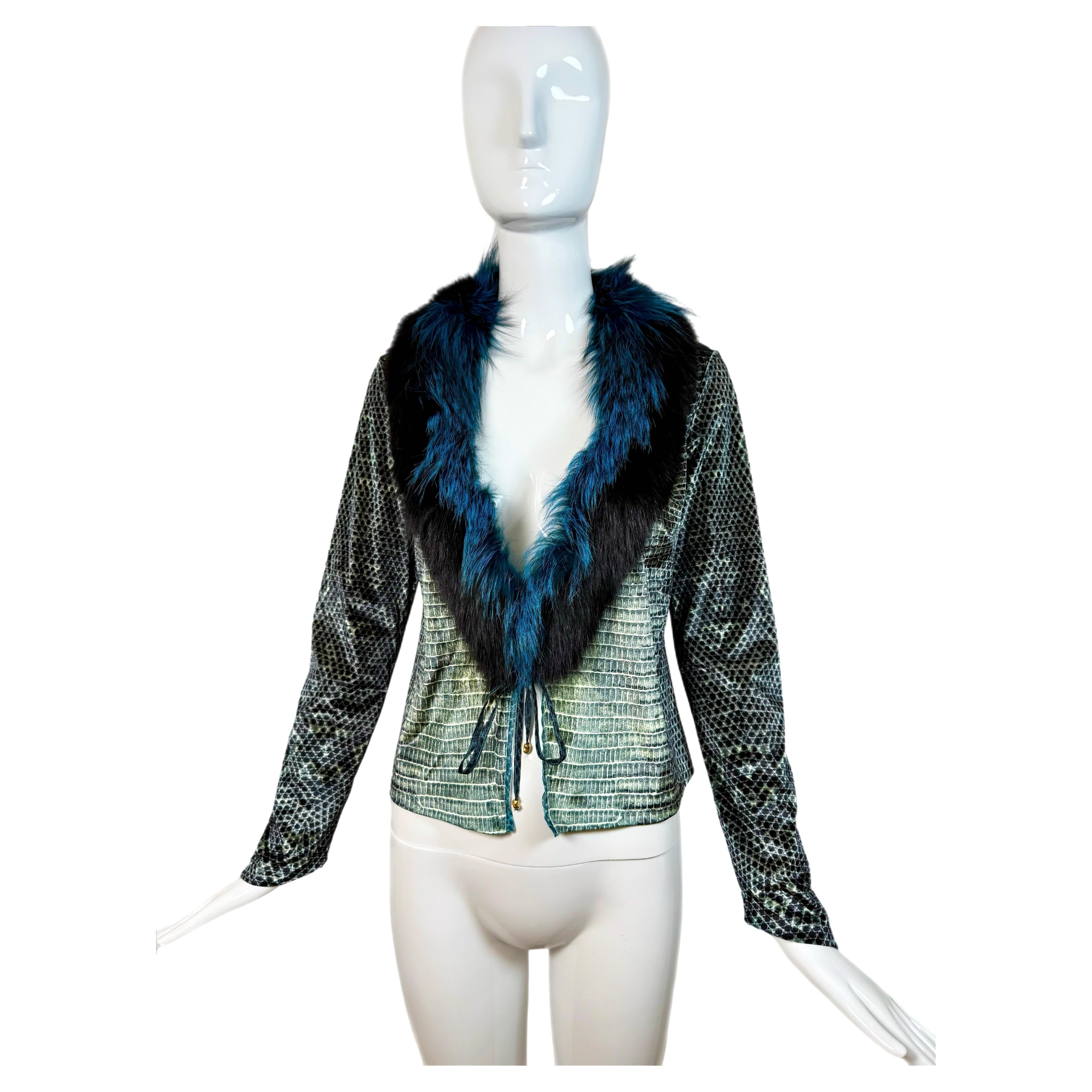 ROBERTO CAVALLI 99/00 Vintage Blue FOX FUR Reptile Print Velvet Cardigan in vendita