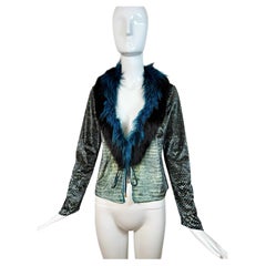 ROBERTO CAVALLI 99/00 Vintage Blaue Strickjacke aus Samt mit Reptildruck und FOX FUR Reptildruck