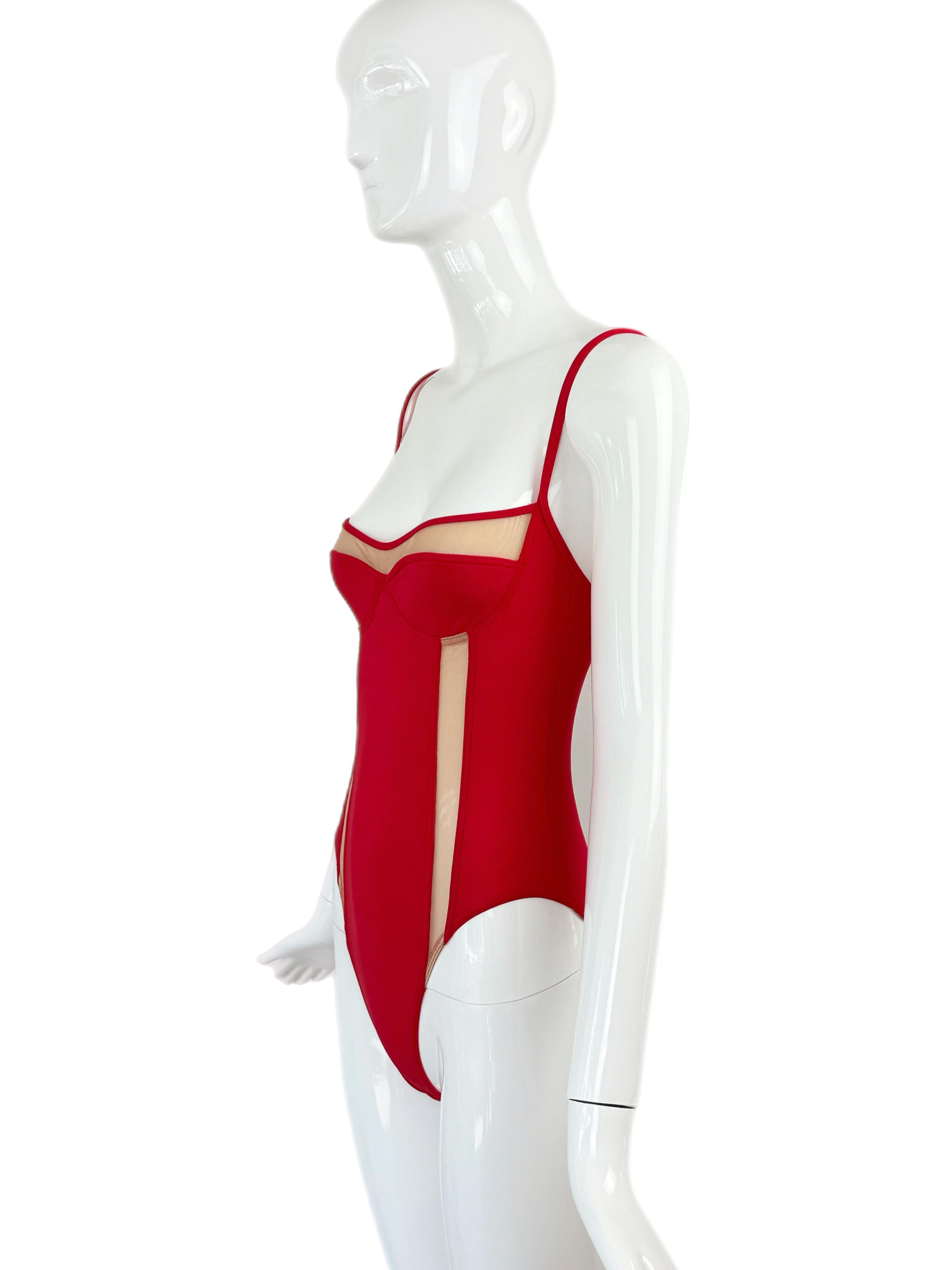 HERVE LEGER 90's Vintage Red Sheer High Cut Badeanzug Badeanzug One Piece im Zustand „Hervorragend“ im Angebot in Leonardo, NJ