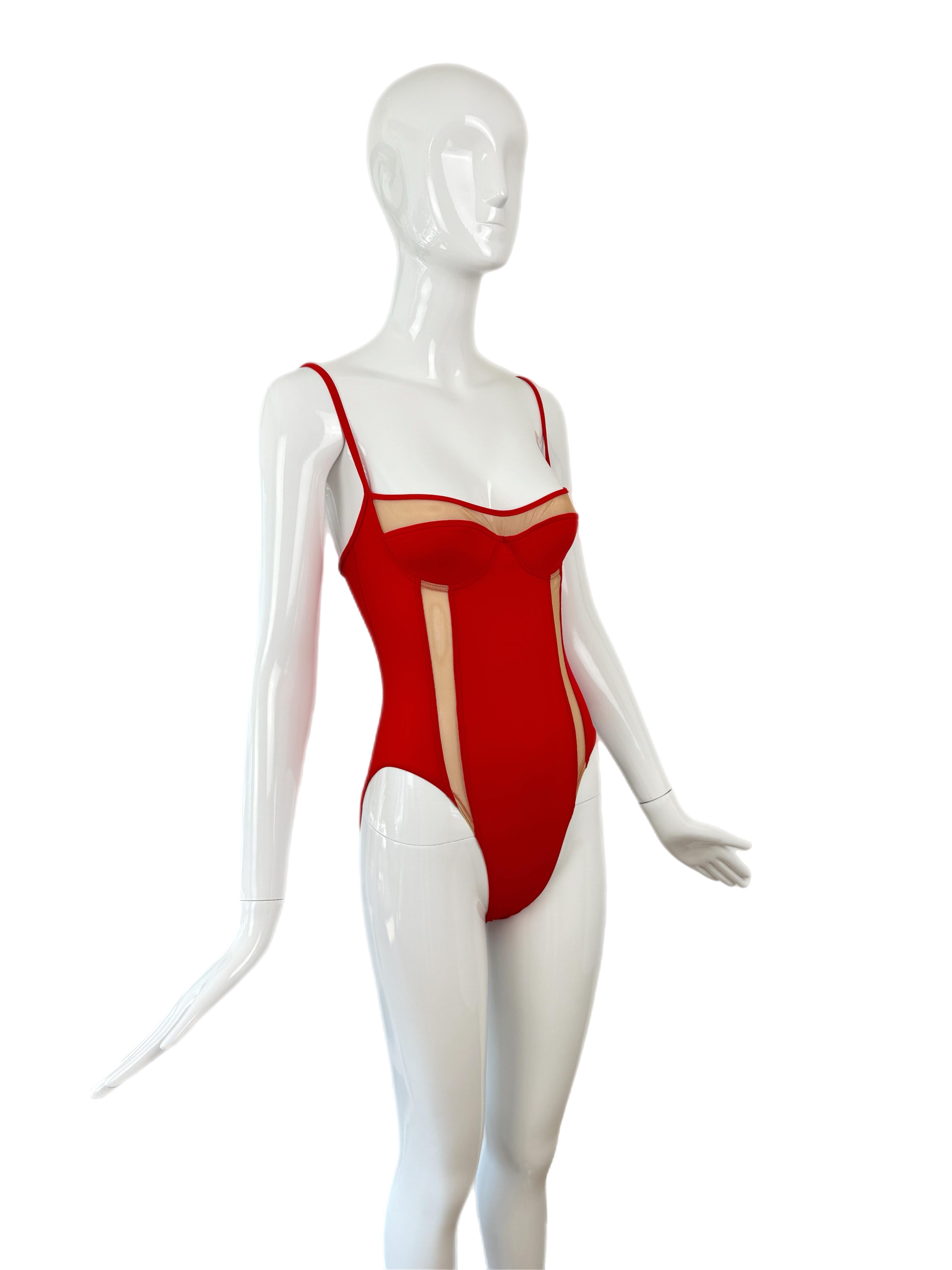 HERVE LEGER 90's Vintage Red Sheer High Cut Badeanzug Badeanzug One Piece Damen im Angebot