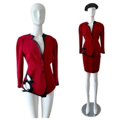 THIERRY MUGLER 80s/90s Vintage Cut-Out Rock Anzug Set Rot + Schwarz Cinched Taille