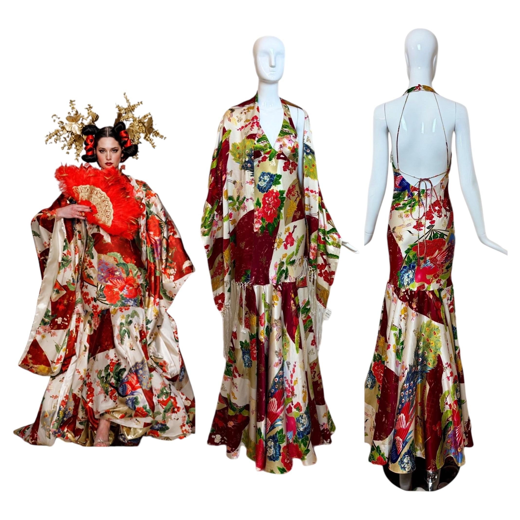 SUE WONG 2005 Vintage Runway Silk Beaded Gown w. Shawl For Sale