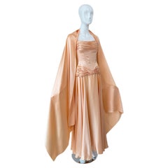 VICKY TIEL COUTURE Vintage Liquid Silk Hard Boned Corset Gown w. Shawl