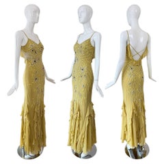 SUE WONG 2005 Vintage Chartreuse Silk Floral Beaded Ruffle Gown Maxi Dress