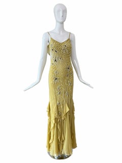 SUE WONG 2005 Vintage-Maxikleid aus seidengrünem Seidenstoff mit Blumenmuster, Perlenverzierung und Rüschen