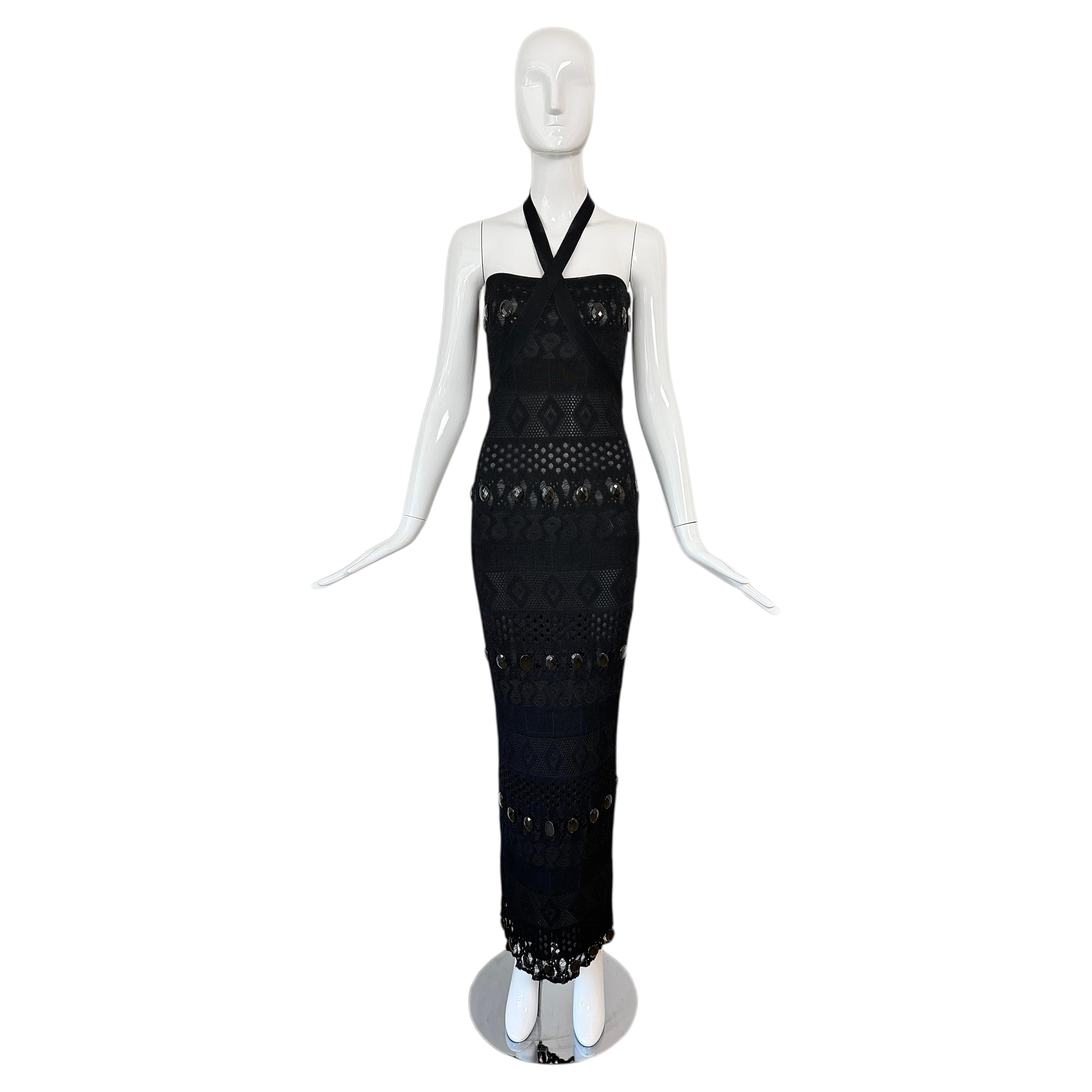 Abito lungo aderente vintage anni '90 di HERVE LEGER, nero con cristalli e scollo all'americana
