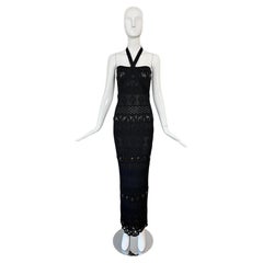HERVE LEGER 90's Vintage Black Crystal Halter Wiggle Maxi Dress Gown