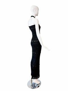 HERVE LEGER 90's Vintage Black Crystal Halter Wiggle Maxi Dress Gown