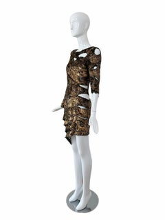 BALMAIN 2010 Vintage Runway Bronze Sequin Silk Distressed Shred Mummy Dress