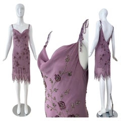Robe nuisette en soie violette prune avec perles, collection SUE WONG 2003, inspirée des défilés
