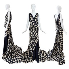 DONNA KARAN 2003 Vintage Runway Silk Midnight Blue +Ivory Polka Dot Gown