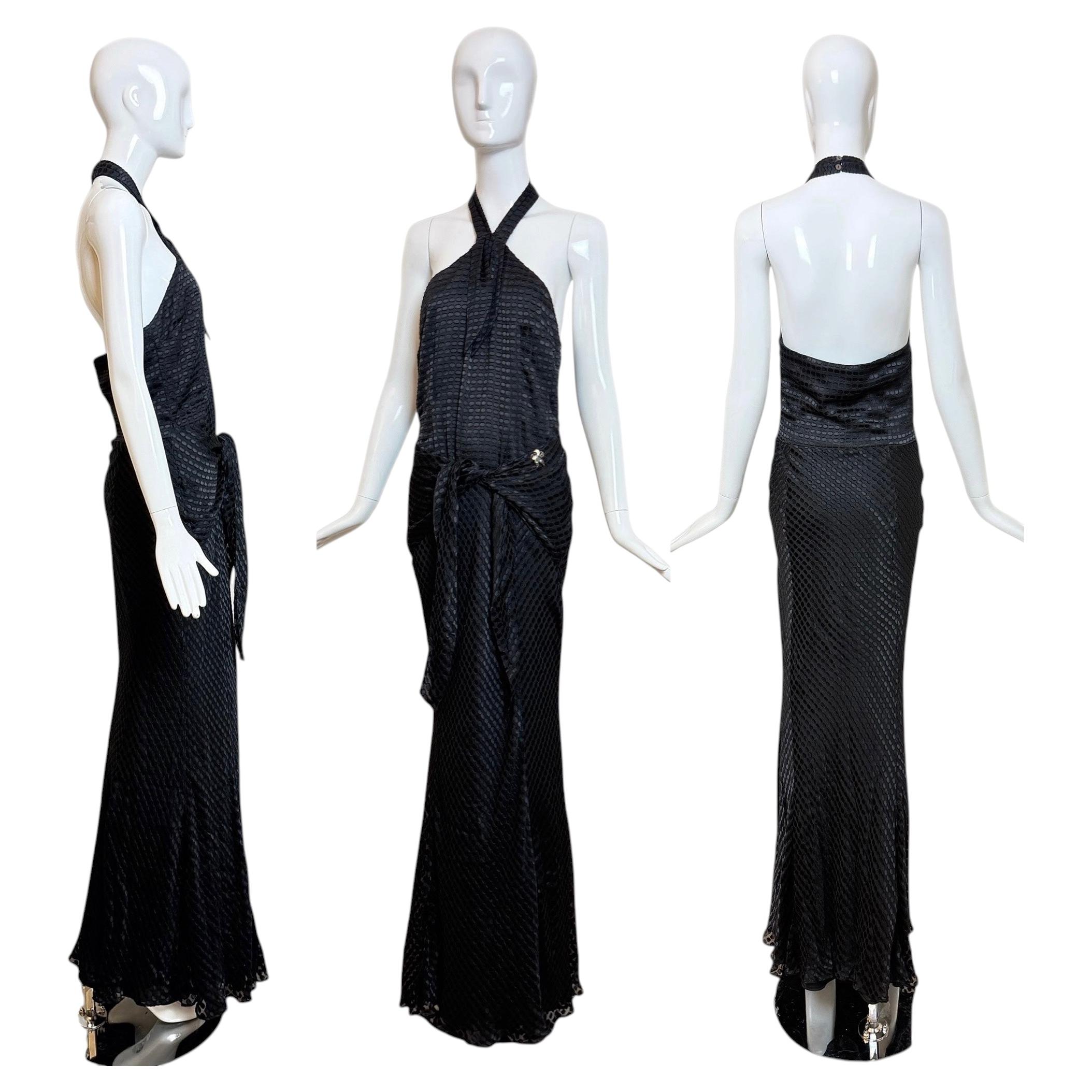 GALLIANO Vintage Black Silk Blend Textured Jacquard Halter Neck Evening Gown
