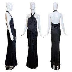GALLIANO Vintage Black Silk Blend Textured Jacquard Halter Neck Evening Gown