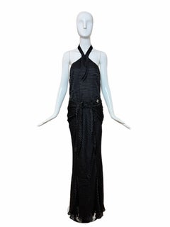 GALLIANO Vintage Black Silk Blend Textured Jacquard Halter Neck Evening Gown