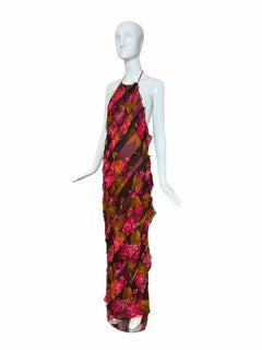 VERA WANG 2000 Vintage Silk Floral Ruffle Halter Evening Gown Maxi Dress