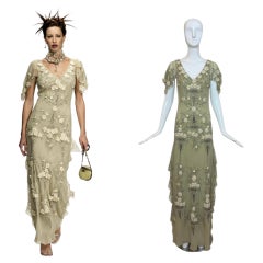 SUE WONG 2004 Vintage Runway Sage Silk Elaborate Evening Gown Maxi Dress