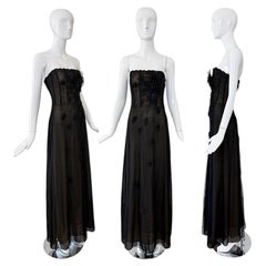 BADGLEY MISCHKA Vintage Corset Black Mesh Net Beaded Floral Motif Evening Gown