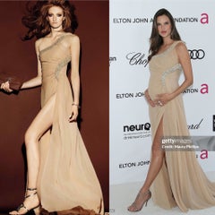 ROBERTO CAVALLI 2012 Silk Chiffon Tan Embellished Grecian Gown w. Slit Maxi