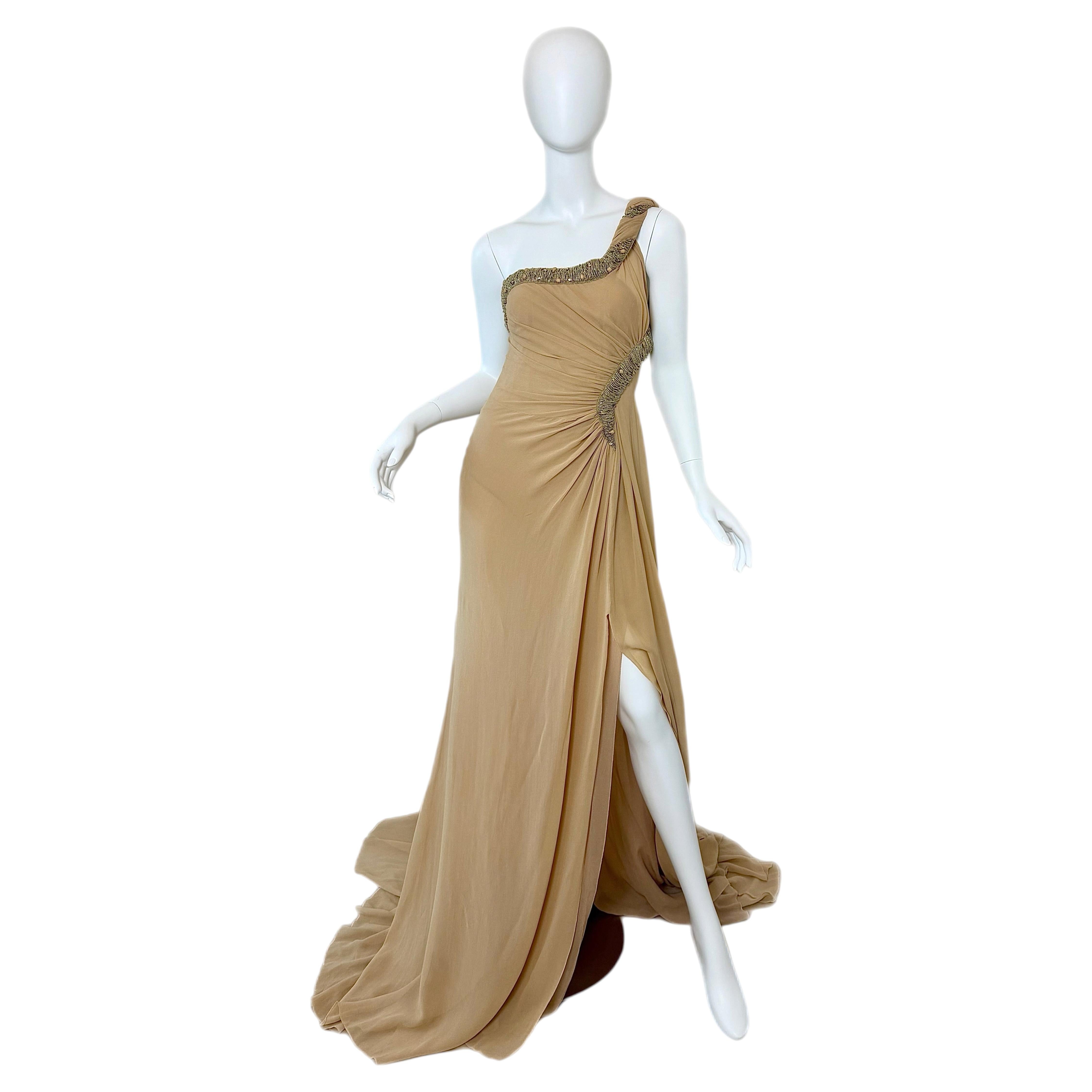 ROBERTO CAVALLI 2012 Silk Chiffon Tan Embellished Grecian Gown w. Slit Maxi For Sale