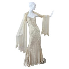 LES HABITUDES 90's Vintage Couture Ivory Beaded Silk Wedding Gown w. Shawl