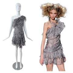 DIOR by JOHN GALLIANO 2010 Vintage Runway Silk Grey Ruffle Dress Floral Bow