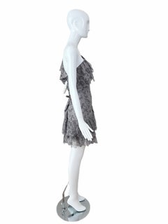 DIOR by JOHN GALLIANO 2010 Vintage Runway Silk Grey Ruffle Dress Floral Bow