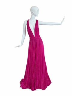 ROBERTO CAVALLI Pink Fuschia Silk Plisse Pleated Plunge Neckline Evening Gown