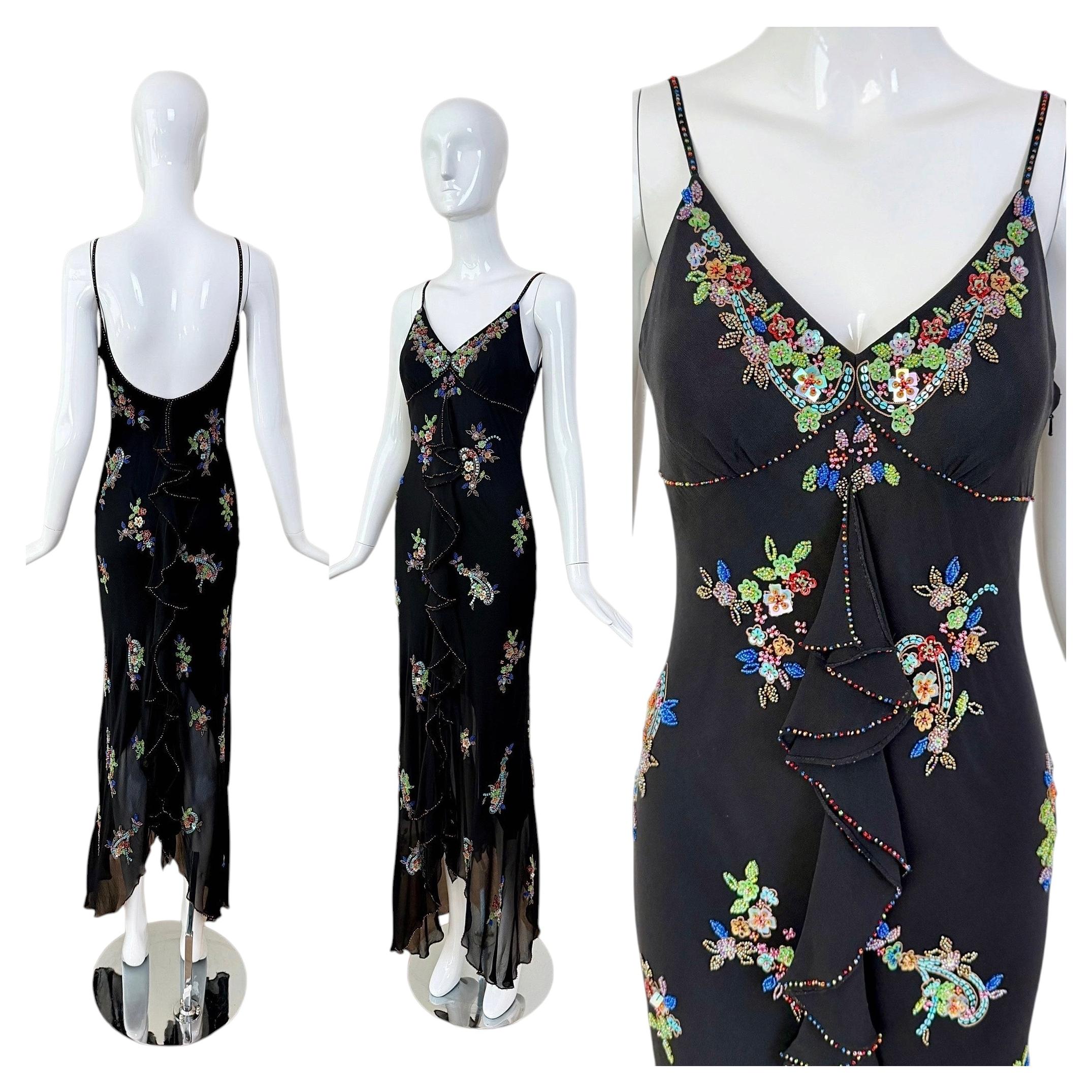 SUE WONG Vintage Black Silk Multicolor Embellished Floral Evening Gown Maxi Dres